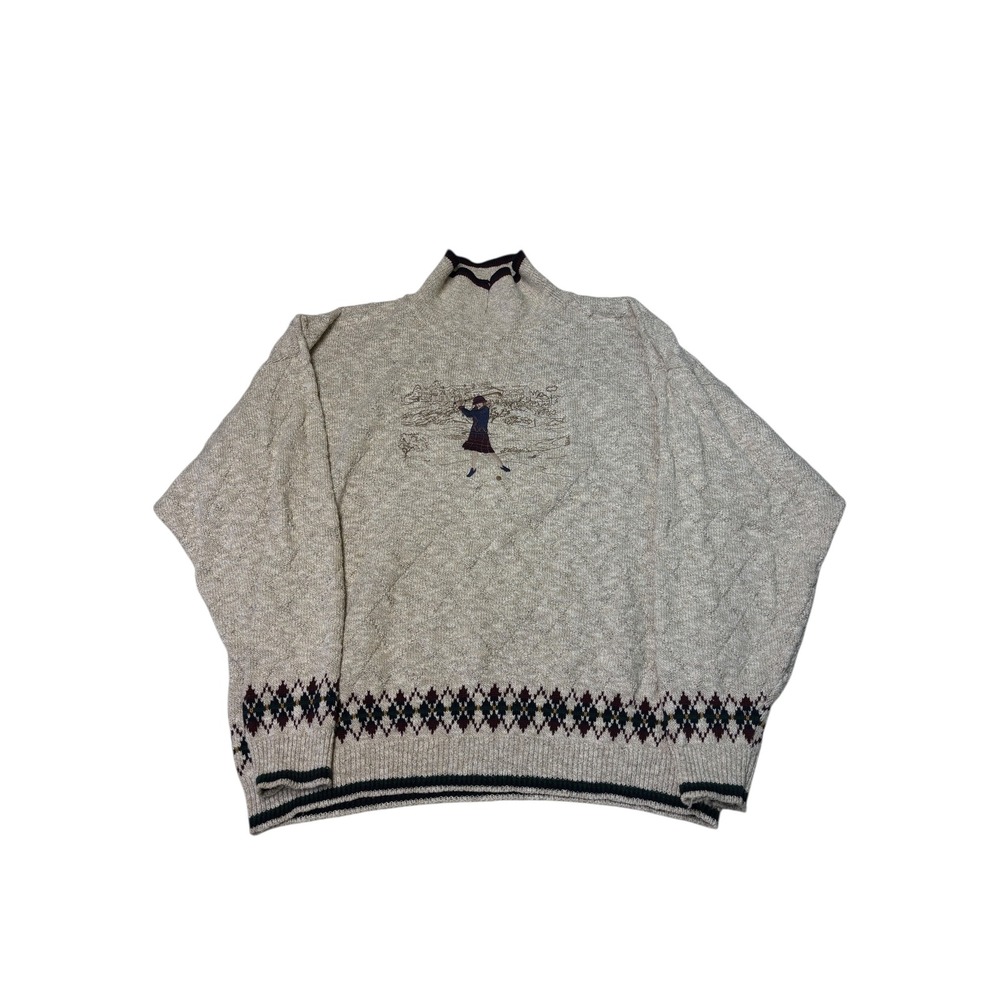 Vintage CARMEL Mens XL Mock Neck Cable Knit Sweater Golf Scene Argyle Trim USA‎